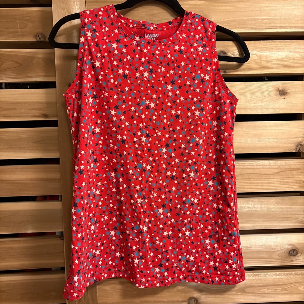 NWOT Lands' End 100% Cotton Crew Neck Blue White Stars Red Tank Top